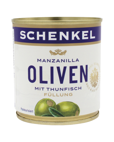 Schenkel Oliven Manzanilla gruen, mit Thunfisch Fuellung, aus Spanien, 85 Gramm Abtropfgewicht